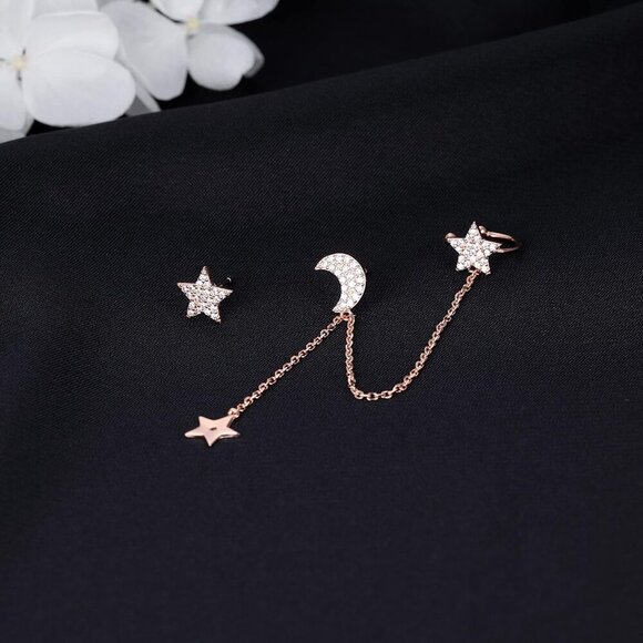 925 Sterling Silver Cuff Earrings Chain for Women Asymmetric Star Moon Earrings - Picture 5 of 7